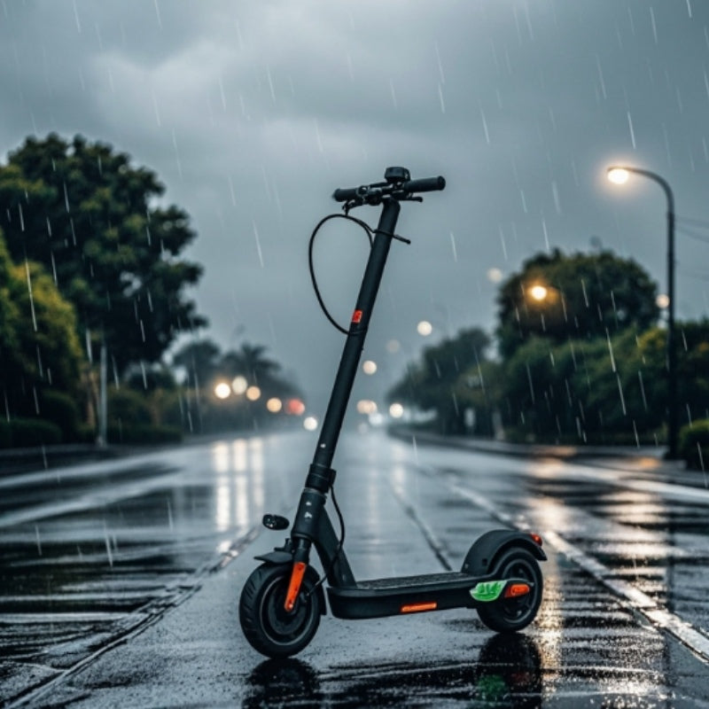 Riding electric scooter in rain top